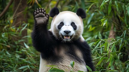 Fototapeta premium Adorable panda waving hello in a lush forest