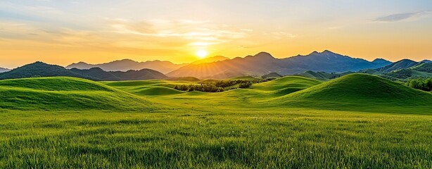 Obraz premium Sunset over Rolling Green Hills and Mountains