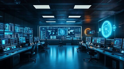 A large room with many computer monitors and a large screen