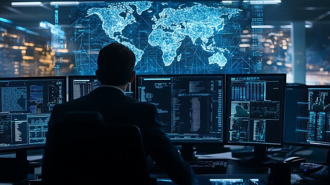 A man is sitting in front of a computer monitor with a map of the world on it