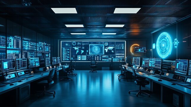 A large room with many computer monitors and a large screen