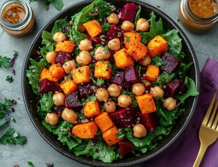 Roasted Sweet Potato Beet Chickpea Salad Bowl