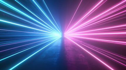 Vibrant neon light beams in blue and pink create dynamic starburst effect, illuminating dark background with energy and excitement