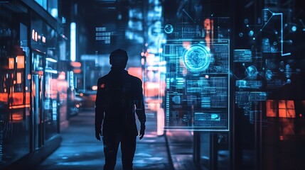 A man is walking down a street with a glowing screen in front of him