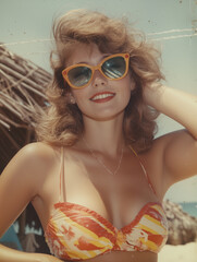 Retro Summer Portrait of a Smiling Woman in a Vintage Bikini and Sunglasses on a Tropical Beach with a Nostalgic Aesthetic