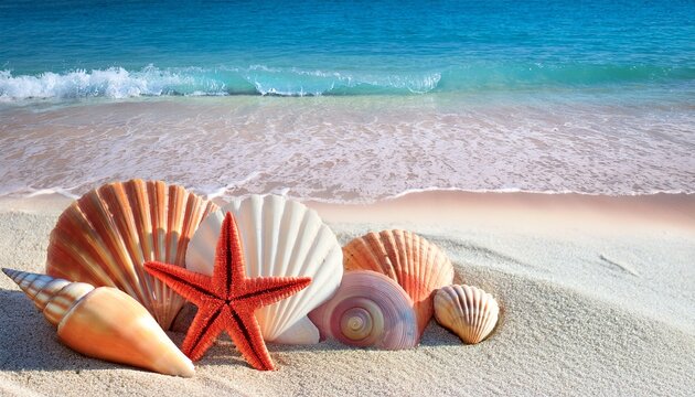 3d wallpaper shells and starfish on the beach with waves and sand colorful in nature style