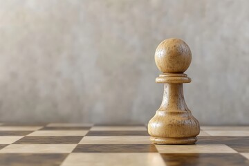 A single wooden chess piece pawn stands on the checkered board