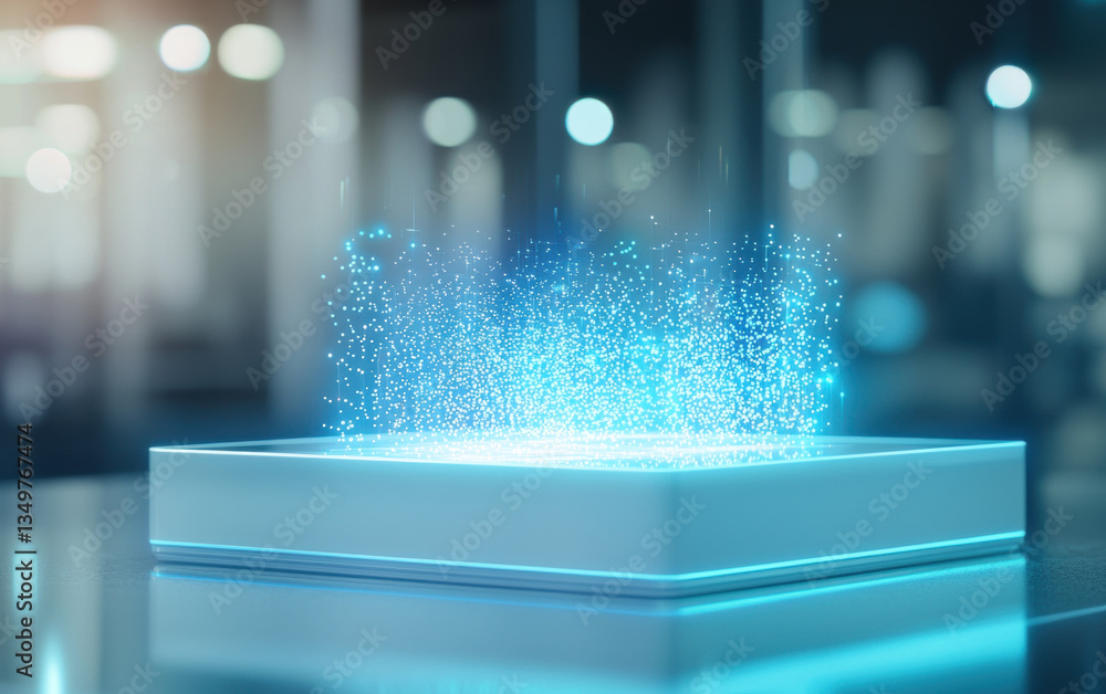 Aufkleber futuristic device emitting holographic display with glowing particles, showcasing advanced technolog