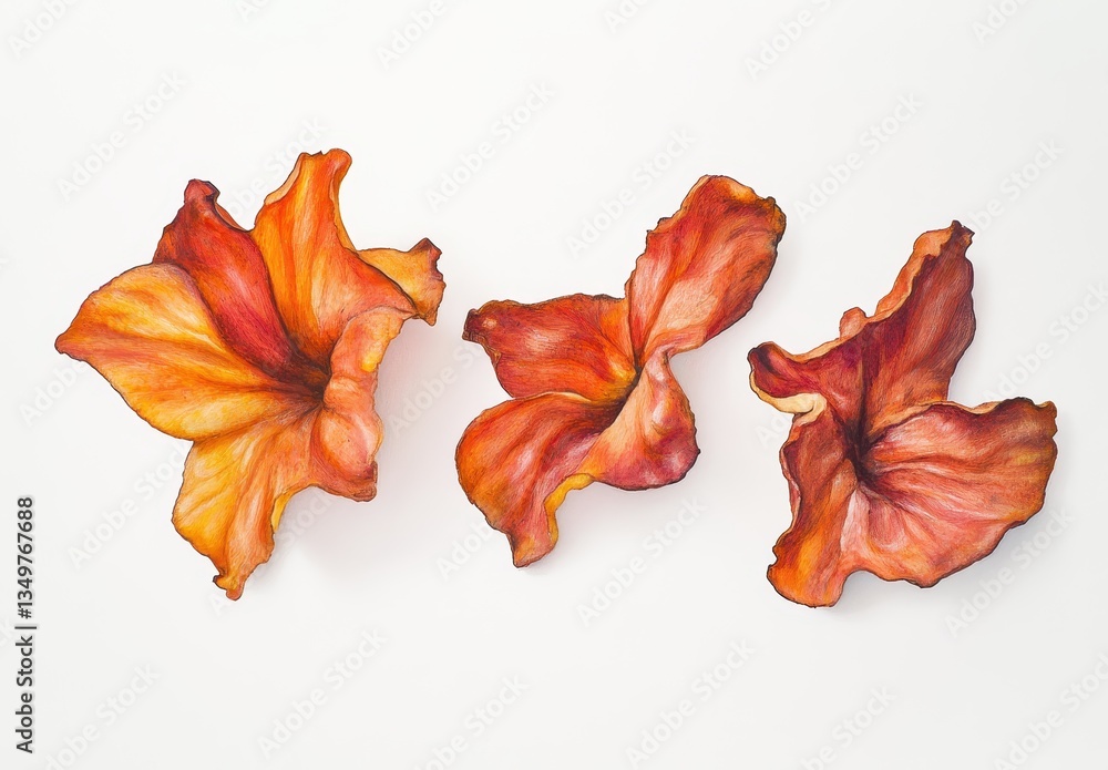 Poster three vibrant orange and red flowers on a light background displaying unique petal shapes and textur