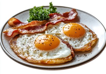 Two perfectly fried sunny side up eggs on a plate with crispy bacon strips and fresh green parsley, an appetizing breakfast meal for a delicious start to the day
