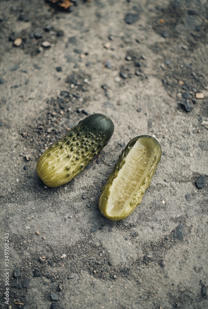 Aufkleber two unique pickles with distinctive textures on a rough surface captured in natural light, ideal for