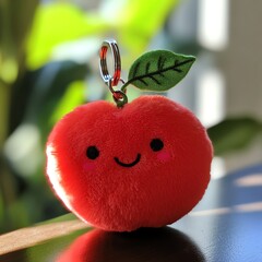 Cute Smiling Apple Plush Keychain with Leaf