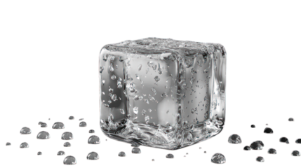 A realistic ice cube with clear water droplets on a transparent background 