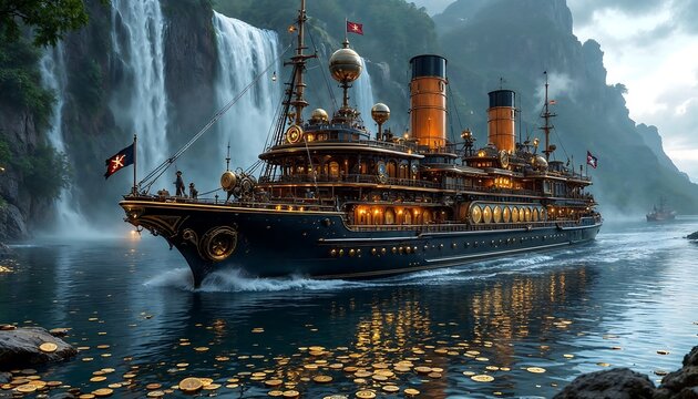 Luxury Steam Ship Sailing Waterfall Landscape