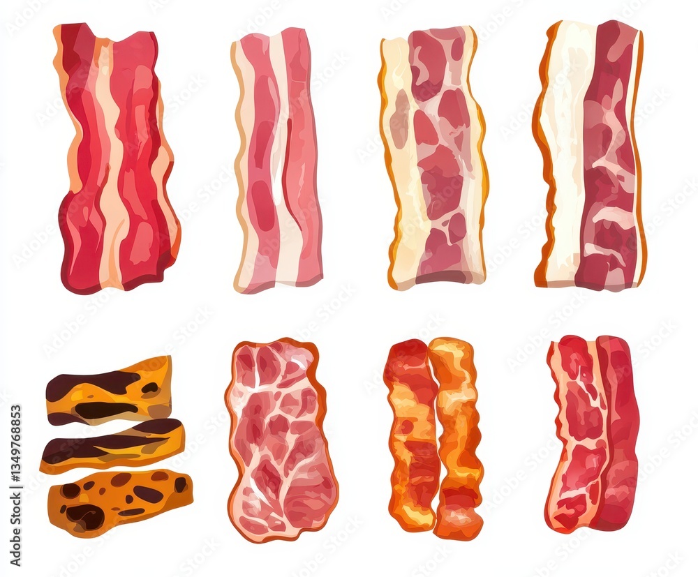 Poster variety of bacon strips in different styles and textures for culinary and food design use