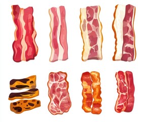 Variety of Bacon Strips in Different Styles and Textures for Culinary and Food Design Use