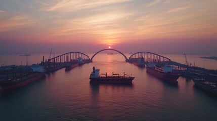Obraz premium Sunset over harbor, cargo ships, bridge construction