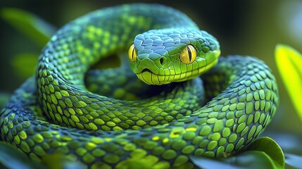 Fototapeta premium Striking close-up of an elegant green snake coiled in a graceful pose