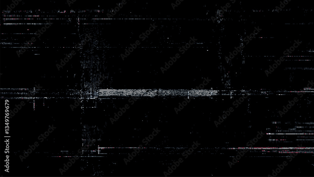 Poster Digital noise. Abstract distortion static texture. Vector. Minimalistic digital glitch art. pixel graphics. VHS grainy texture. Black background. Retro game aesthetics backdrop.