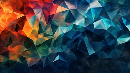 Low poly background with bold orange yellow and blue triangular facets in a geometric design