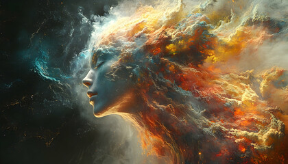 An ethereal woman's face with eyes closed merges into a swirling nebula of vibrant colors, emanating from the right, dissolving into darkness