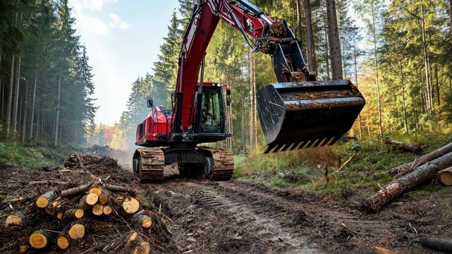 Heavy-duty red excavator digging and moving soil in a forested construction zone during groundwork operations.
