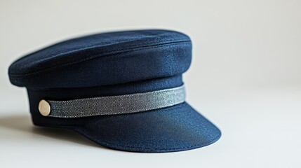 Navy blue peaked cap with grey band on white.