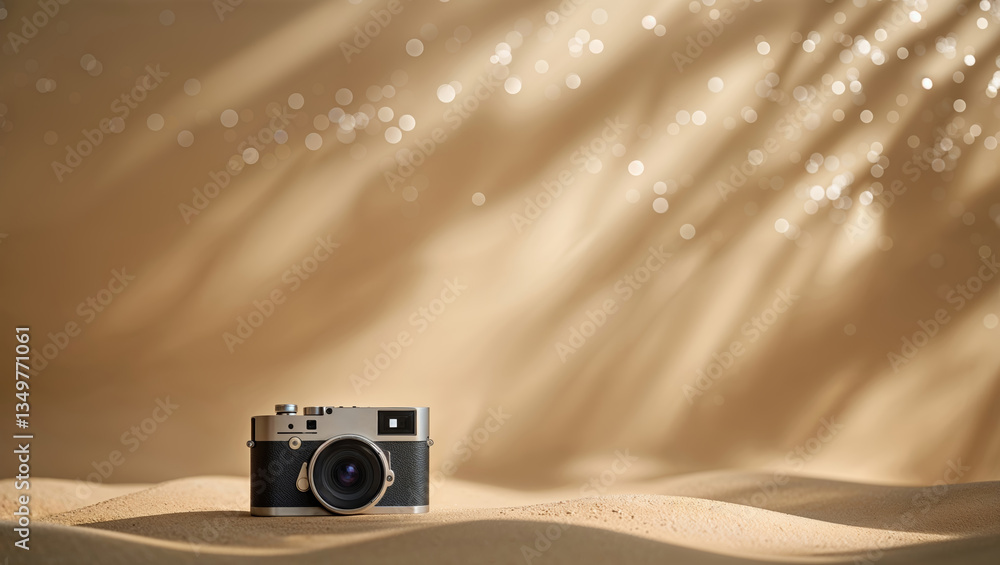 Aufkleber vintage camera resting on sandy surface with soft lighting and shimmering dust particles creating an