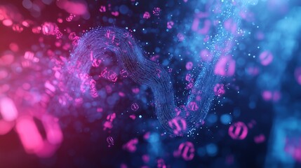  Abstract digital background with floating pink and blue numbers and geometric shapes in a futuristic style