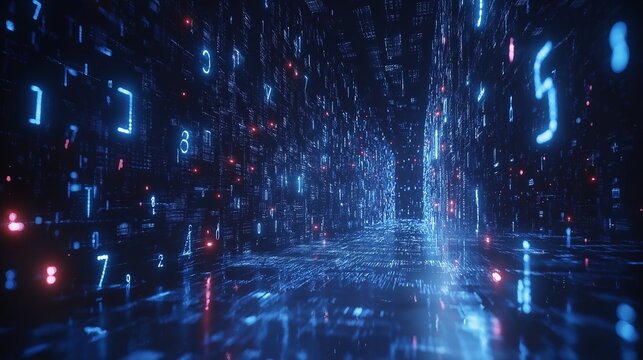 Abstract digital background with floating blue and red numbers in a futuristic space