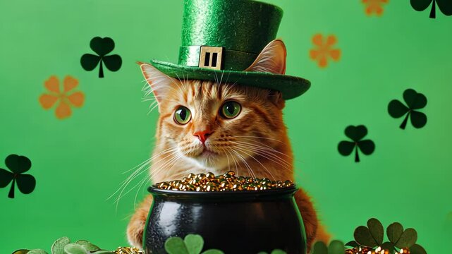 Adorable orange cat dressed in a green leprechaun hat and bow tie, celebrating St. Patrick&rsquo;s Day in style.
