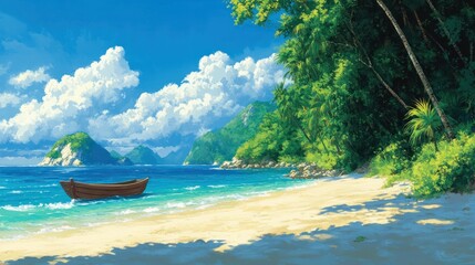 Obraz premium Tropical beach scene with wooden boat, lush foliage, and distant islands