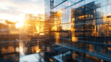 Fototapeta premium Glistening cityscape reflecting golden hour light onto modern glass buildings creating a vibrant and sophisticated urban skyline silhouette