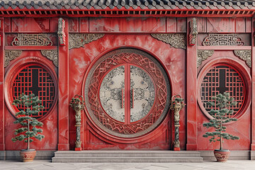 Ornate Chinese-Style Pavilion Entrance with Red Accents