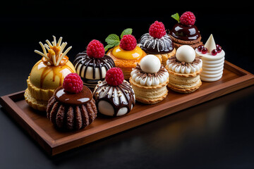 collection of elegant mini desserts on a wooden tray, showcasing a variety of flavors and designs, perfect for gourmet presentations and special occasions