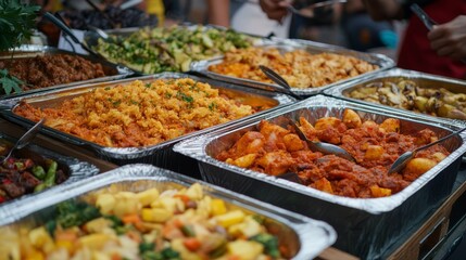 Fototapeta premium Colorful Buffet Display of Various Dishes at a Street Food Market with Engaging Vendors