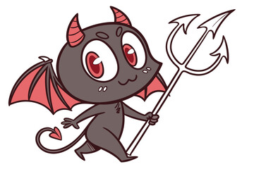 30 Cute cartoon devil, chibi style, big red eyes, black silhouette, tiny horns, bat wings, trident, curly tail, white background, minimalist design, kawaii demon, playful character, dark fantasy, vect