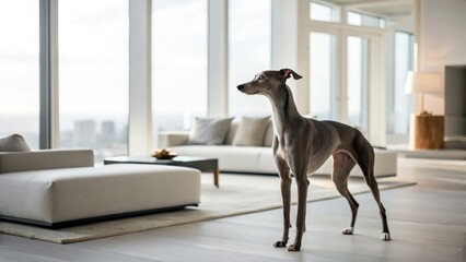 Graceful greyhound in modern living room urban interior design interior photography minimalist environment side view home aesthetics