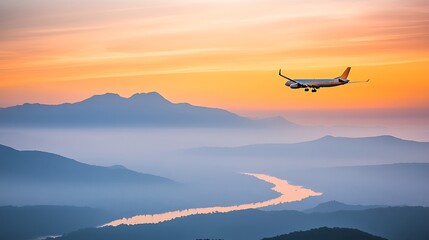 Airplane Sunset Flight Mountain River.