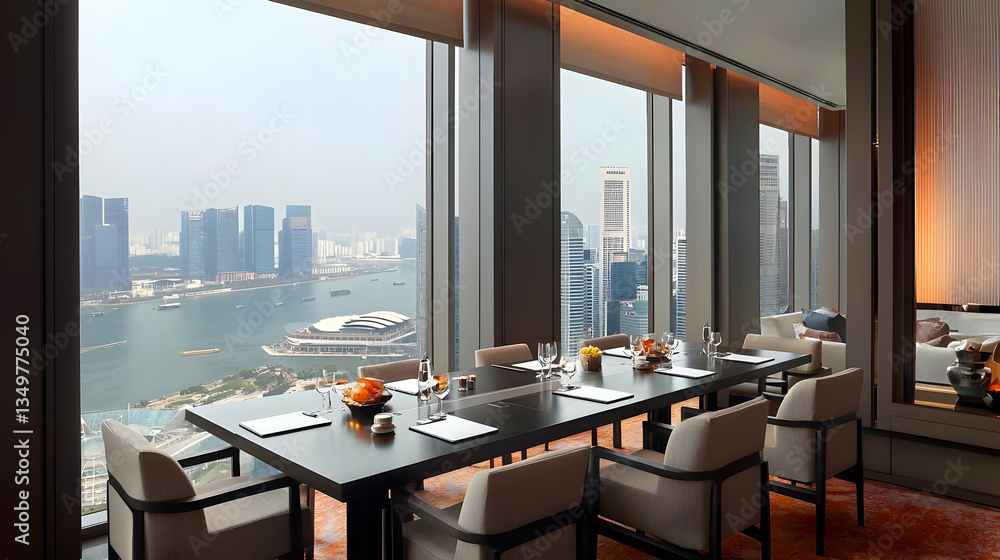 Poster modern interior with long table and chairs in front of large windows showing city skyline view with 