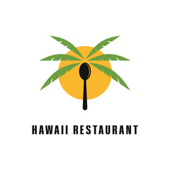 hawaii restaurant logo design concept with palm tree, spoon and sun icon vector