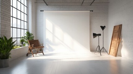 Empty Studio with White Backdrop and Natural Light
