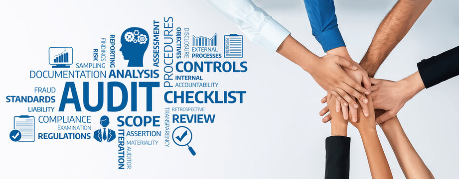 A diverse group of hands coming together represents collaboration and teamwork in the vital audit process, emphasizing analysis, compliance, and accountability. Amity