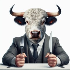 Humorous anthropomorphic bull ox in business suit ready to dine with utensils
