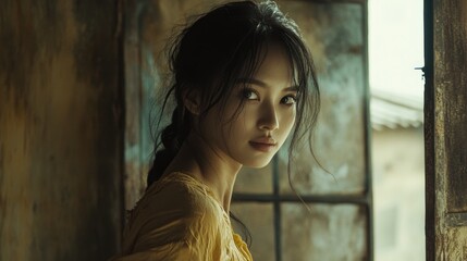 Fototapeta premium Portrait of a Young Woman in a Vintage Setting with Soft Light and Natural Expression