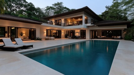 Fototapeta premium Luxurious modern home with pool. Exterior view of a spacious home with a large swimming pool and outdoor living area. Tranquil and stylish