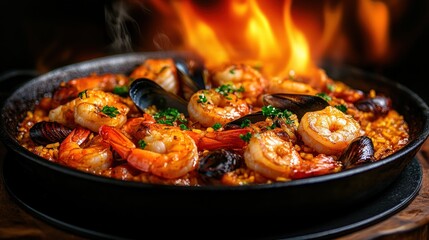 Fototapeta premium Flaming Seafood Paella: A Culinary Delight