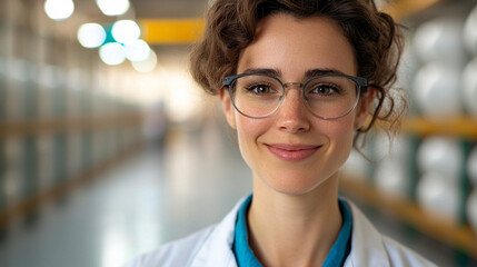 confident scientist smiling in laboratory setting, wearing glasses and lab coat, surrounded by scientific equipment and shelves