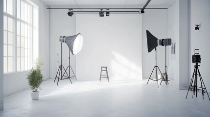Empty white studio with professional lighting