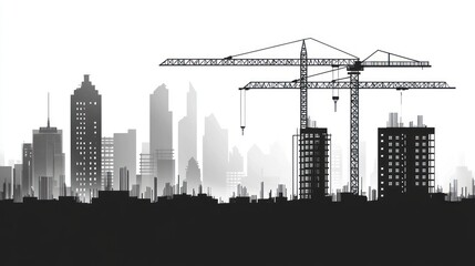 Obraz premium Cityscape under construction. Silhouette of skyscrapers with cranes and building sites. Use for stock illustration or graphic design